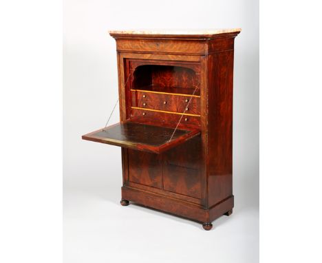 19th Century feathered mahogany Escritoire, with marble top over a short drawer, above fall front revealing fitted drawers ab