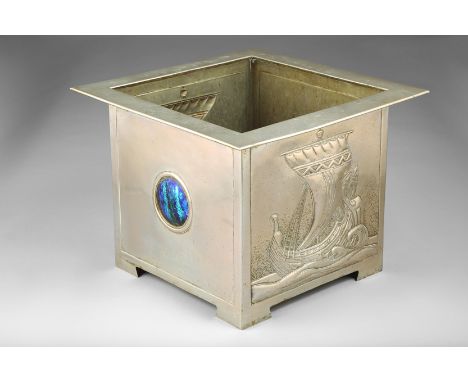Scottish School Arts and Crafts, white metal box planter with embossed Viking ship and enamel roundels, 36cm long, 36cm wide,