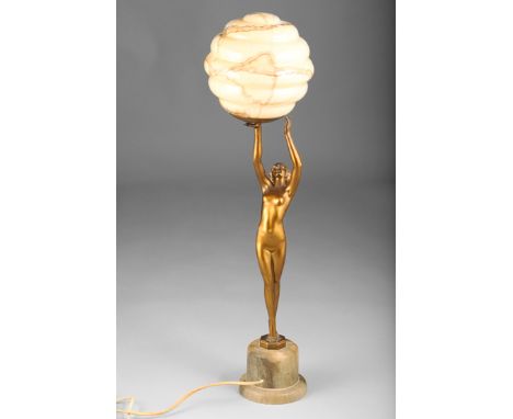 Art Deco Figure Table Lamp, female nude outstretched figure with a glass shade, raised on a marble base, 66cm high