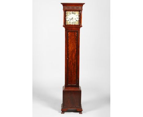 Mahogany long cased clock, square topped with a silvered dial with pierced brass mounts, black roman numerals, Whittington an