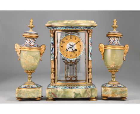 19th Century French four glass, three piece clock garniture, green onyx and champlevé enamel with floral decoration, circular