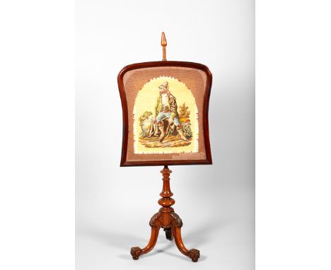 Victorian walnut pole screen, sewn work panel depicting continental man, 142cm high