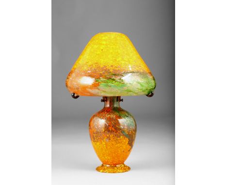 Scottish Monart glass table lamp and shade of mushroom shape, orange yellow and green with gold aventurine inclusions, 38cm h