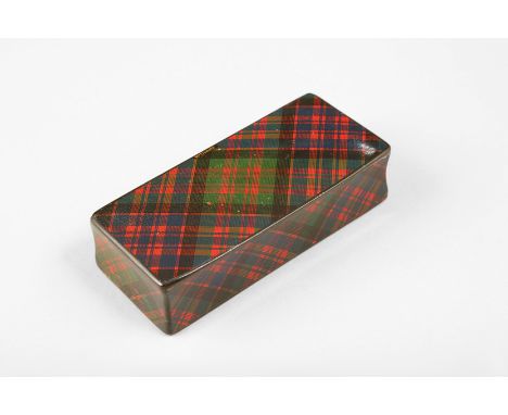Tartan Ware snuff box, McDonald tartan, wooden hinge, stamped inside; W Johnston, Auchinleck, 10cm long, 4.5cm wide, 2.5cm hi