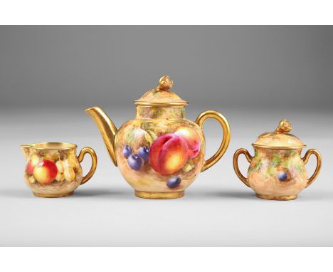 Royal Worcester miniature three piece tea service, tea pot, sugar and cream, decorated with hand painted fruit, signed Freema