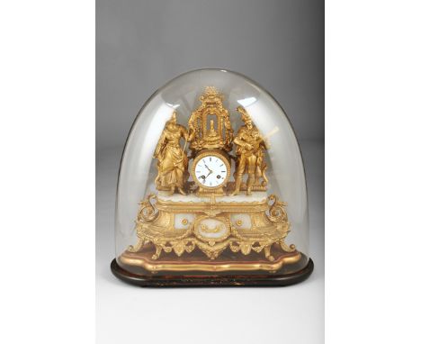 A French gilt metal and white marble striking mantel clock, gilt lady figure being serenaded by a man playing a guitar on a w