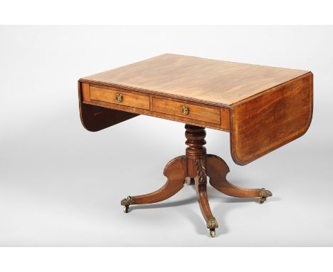 19th Century mahogany sofa table, cross banded top with twin drop leaves over two frieze drawers to one side and dummy drawer