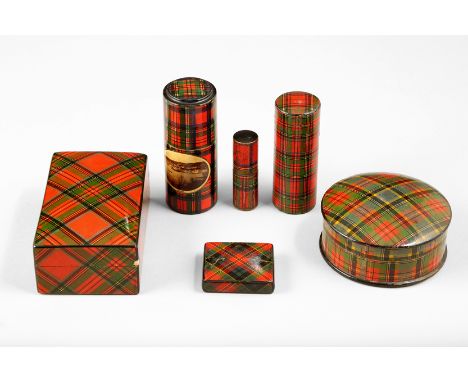 Six assorted Tartan Ware boxes, including:, Stuart tartan rectangular box 10cm long, McBeth tartan circular box 8cm diameter,