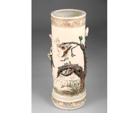 Japanese Stone Ware Stick Stand, cylindrical form, with applied birds and flowering branches, signed, 49cm high