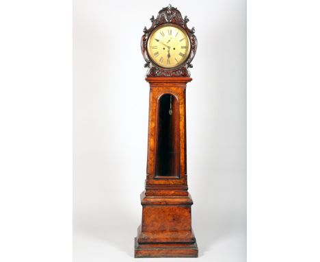 Scottish Drumhead long cased clock, brass circular dial with black roman numerals by Gillies &amp; McCallum, Saltcoats, taper