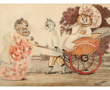 Louis Wain (British 1860-1939), Framed watercolour, signed, ‘Female cat seated in a rickshaw’, 29cm x 38cm Note: The subject 