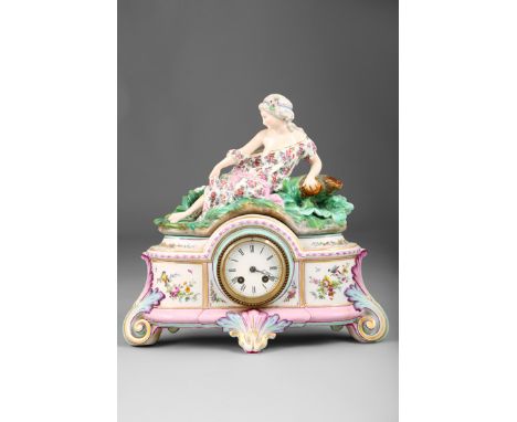 Continental Porcelain Figure mantel clock, a neoclassical robed lady over a white enamel dial, eight day time piece striking 