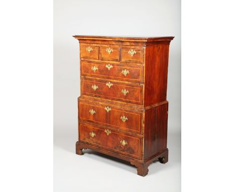 Georgian Walnut chest on chest, herringbone inlay to drawer fronts, three short drawers over two long drawers over a base wit