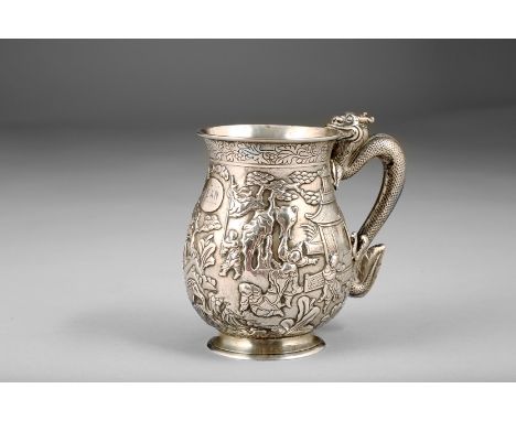 19th/20th century Chinese white metal tankard, baluster form with a dragon scroll handle, embossed with figures, pagodas and 