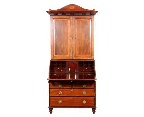 Inlaid mahogany bureau bookcase, dentil cornice over twin panel doors fitted to a bureau base, fall front over five drawers r