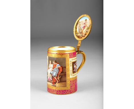 Royal Vienna porcelain tankard with cover, hand painted figure panel titled ‘Alexander’, 15cm high