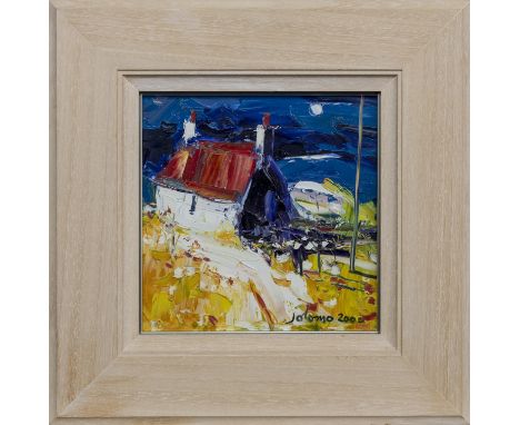 * JOHN LOWRIE MORRISON OBE (JOLOMO) (SCOTTISH b. 1948), IONA COTTAGE oil on canvas, signed and dated 2000, further signed and