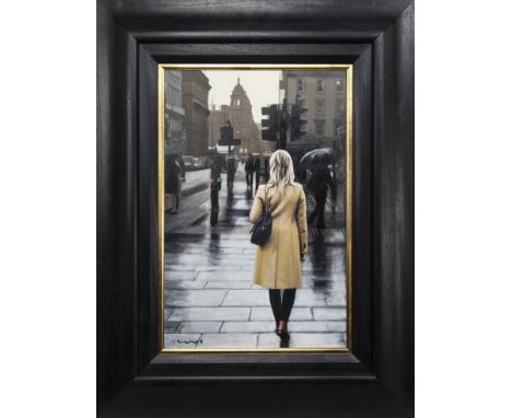 * GERARD BURNS, IN THE CITY (GLASGOW) oil on canvas, signed image size 60cm x 40cm, overall size 87cm x 67cm Framed. Note: Ge