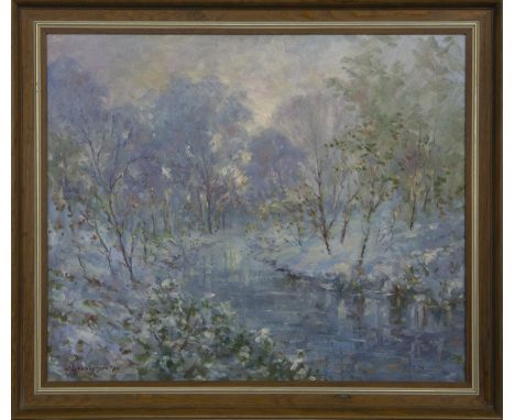 * J D HENDERSON, FROZEN RIVER oil on canvas, signed and dated '89, titled label verso image size 51cm x 61cm, overall size 60