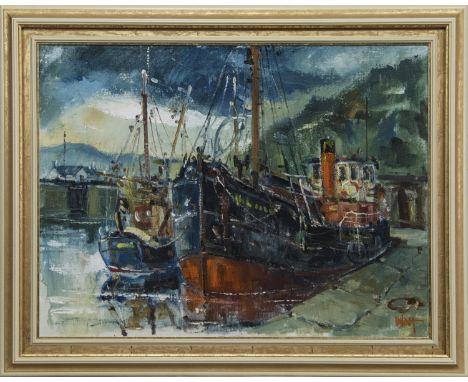 * JAMES WATT RGI (SCOTTISH b. 1931 - ), AULD REEKIE, CRINAN oil on canvas, signed, further signed and titled verso, dated '89