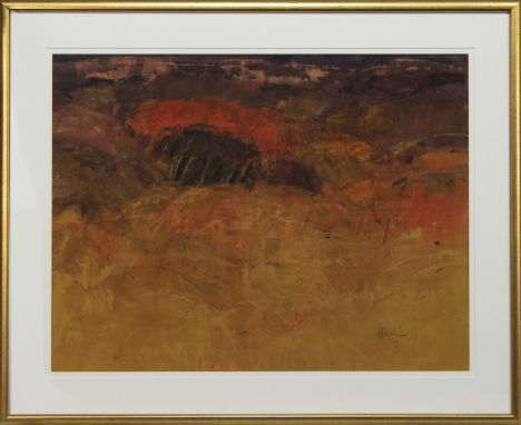 * GEORGE DEVLIN RSW RGI ROI ARWS FRSA (SCOTTISH 1937-2014), FIERY LANDSCAPE gouache on paper, signed image size 55cm x 73cm, 