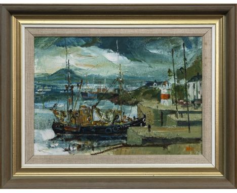 * JAMES WATT RGI (SCOTTISH b. 1931 - ), CRINAN LIGHT oil on canvas, signed, further signed and titled verso image size 25.5cm