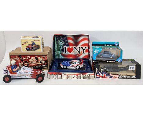 Schylling, 'Schylling Collector Series' - 'Wind-Up Tin Sprint Racer' automobile model, with 1 Schylling 'Motorbike', 1 Solido
