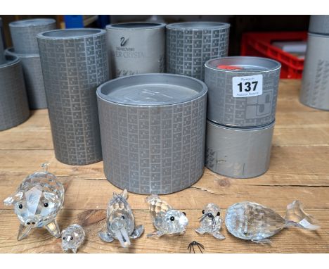 Swarovski Crystal Glass, a mixed collection including 'Large Curly Tail Pig', 'Walrus', etc, boxed. (6) (Largest seal missing