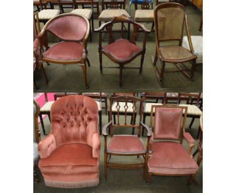 Three inlaid armchairs; a Victorian rosewood inlaid nursing chair; a pink upholstered button back armchair and a rocking chai