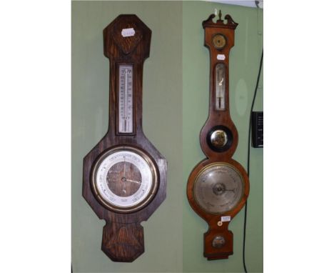 A 19th century mahogany wheel barometer spirit level dial signed A.Heald, Wisbeach; and an  oak cased aneroid barometer retai