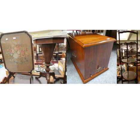 A decanter box; a folding fire screen; a 19th century mahogany work table; and a folding cake stand 