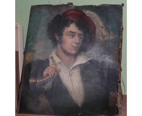 Attributed to William Powell Frith, Portrait of a gentleman in a red hat with a hunting horn, oil on canvas, inscribed verso,