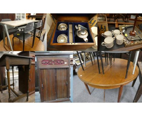 A small side cabinet; an oak occasional table; a 1960s extending dining table; four child's school chairs; a small school tab