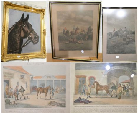 British School, portrait of Gaye Chance (1975-1985), hand embellished print, 59.5cm by 49.5cm; together with two horse racing