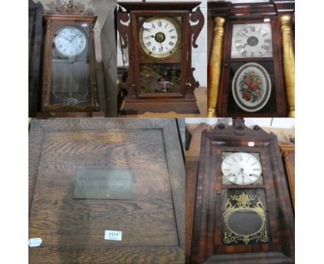 Two American shelf clocks, a Seth Thomas Clock Company striking mantel clock, a modern quartz Westminster chime wall clock an