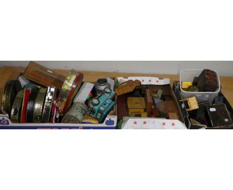 Three boxes containing a quantity of jewellery boxes, snuff boxes, tins, enamel pill boxes, caskets, etc