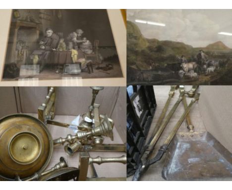 A pair of brass andirons; together with a matching three-piece companion set; a pair of brass candlesticks, with another; a c