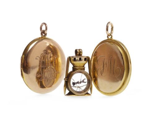 GOLD CIRCULAR LOCKET, with engraved initials to the front, partially marked 9c to the reverse, 8.2g; along with a gold compas