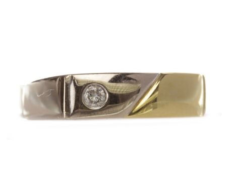BICOLOUR DIAMOND SET BAND, formed by a white gold section set with a round brilliant cut diamond of approximately 0.05 carats