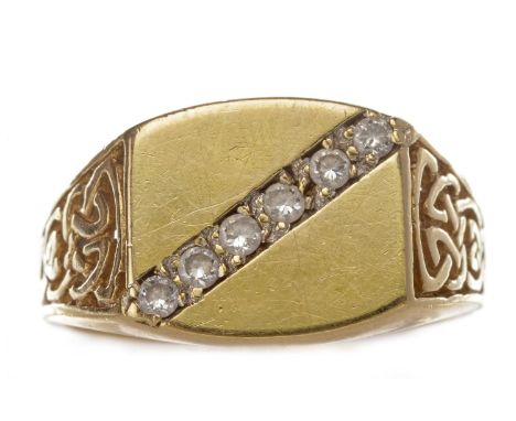 GENTLEMAN'S GEM SET RING, the square bezel set with a diagonal row of round white gems, the openwork shoulders featuring celt