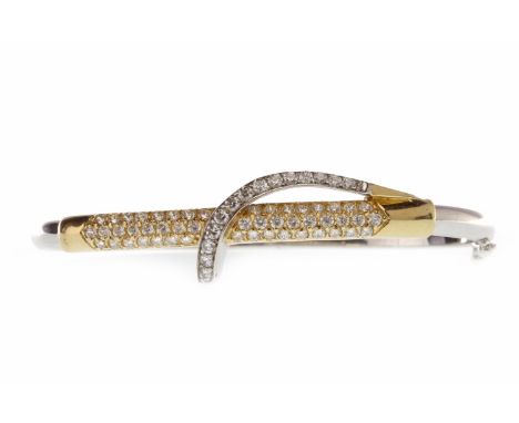 BICOLOUR GEM SET BANGLE, the pave set yellow gold section with overlaid white gold section, 60mm inner diameter, marked 585 t