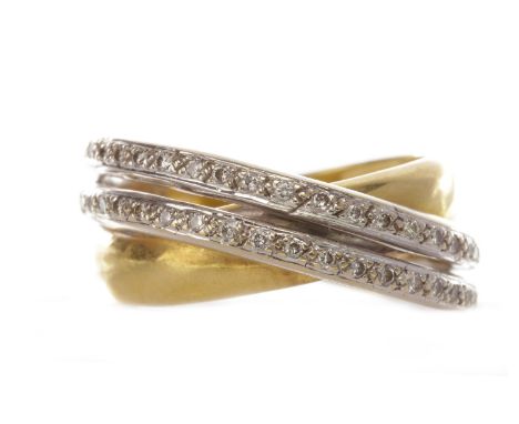 BICOLOUR DIAMOND CROSSOVER RING, with overlaid bifurcated white gold section with pave set round brilliant cut stones, the di