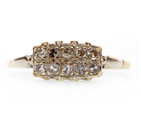 MID TO LATE TWENTIETH CENTURY DIAMOND DRESS RING, the rectangular plaque bezel set with ten single cut diamonds, marked 18CT 