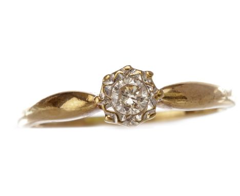 DIAMOND SOLITAIRE RING, with an illusion set round brilliant cut stone of approximately 0.10 carats, in nine carat gold, size