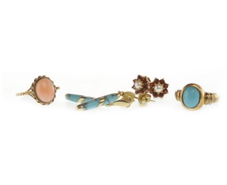 PINK HARDSTONE RING, set with a pink cabochon stone within a scalloped border, in nine carat gold, size K; along with an unma