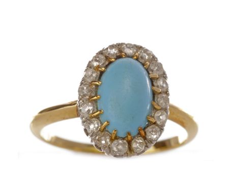 BLUE HARDSTONE AND DIAMOND CLUSTER RING, the central oval blue stone surrounded by old cut diamonds totalling approximately 0