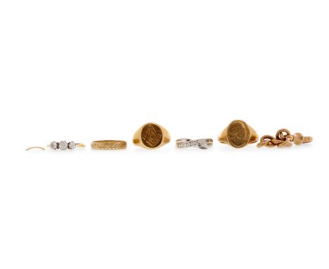 NINE CARAT GOLD SIGNET RING size R, 4.3g; along with a wedding ring, two gem set rings, part of a gold Albert chain and anoth