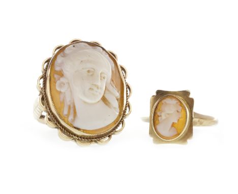 CAMEO RING, depicting a female in profile facing right, within a ropetwist border and further outer open scalloped border, ma