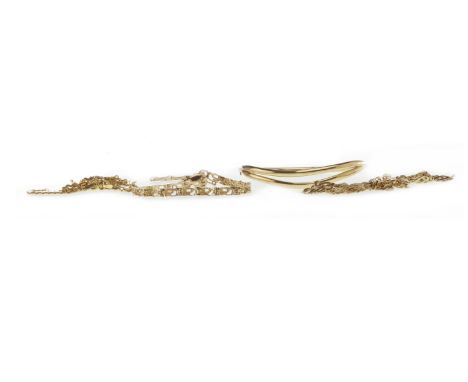 GOLD CELTIC KNOT NECKLACE, 46cm long, marked 375 to the clasp; along with a nine carat gold curb link chain, two unmarked bra
