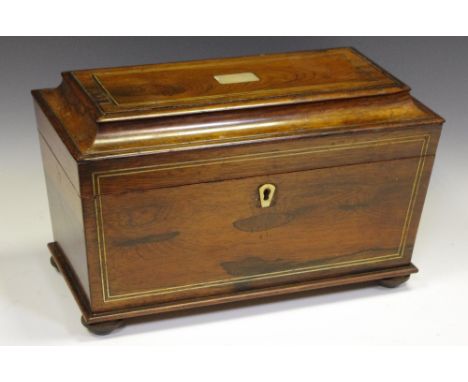 A William IV rosewood and pewter strung tea caddy, vacant mother of pearl cartouche 
